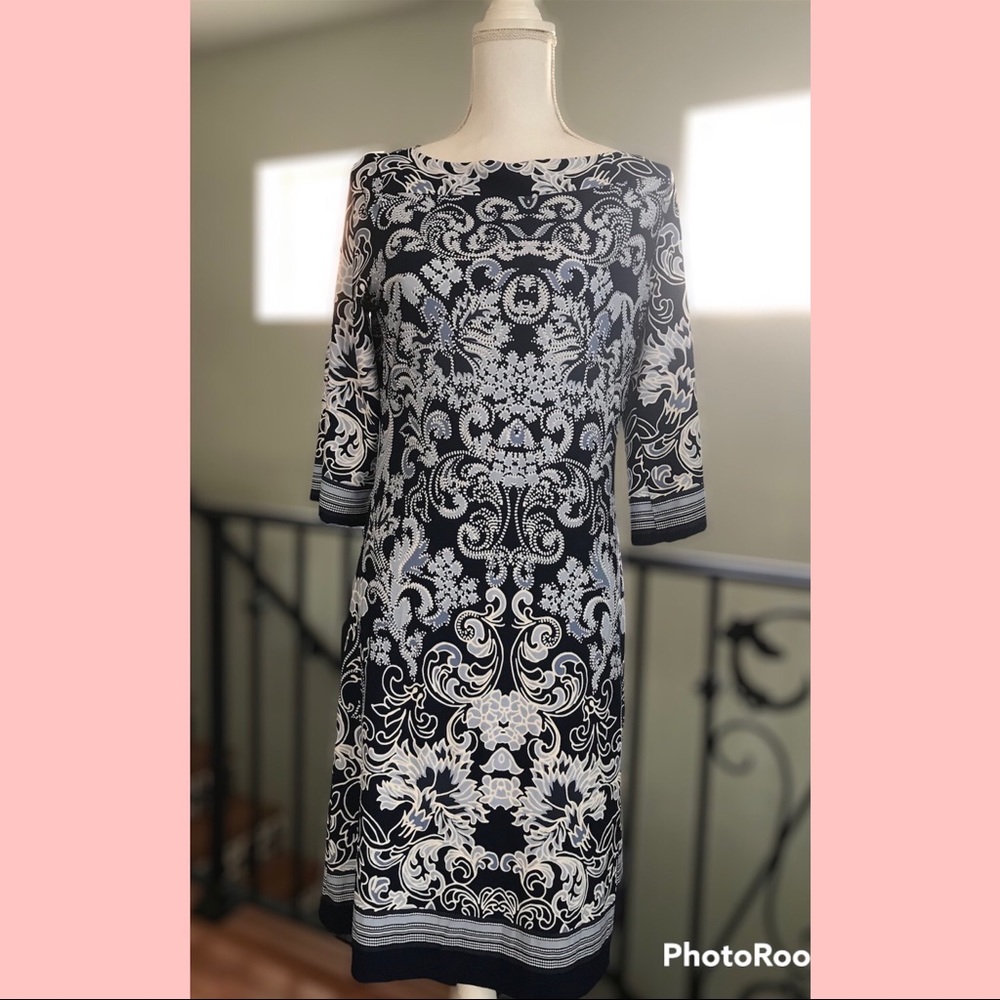Haani Blue & White 3/4 Sleeve Summer Dress Stretch Size Large